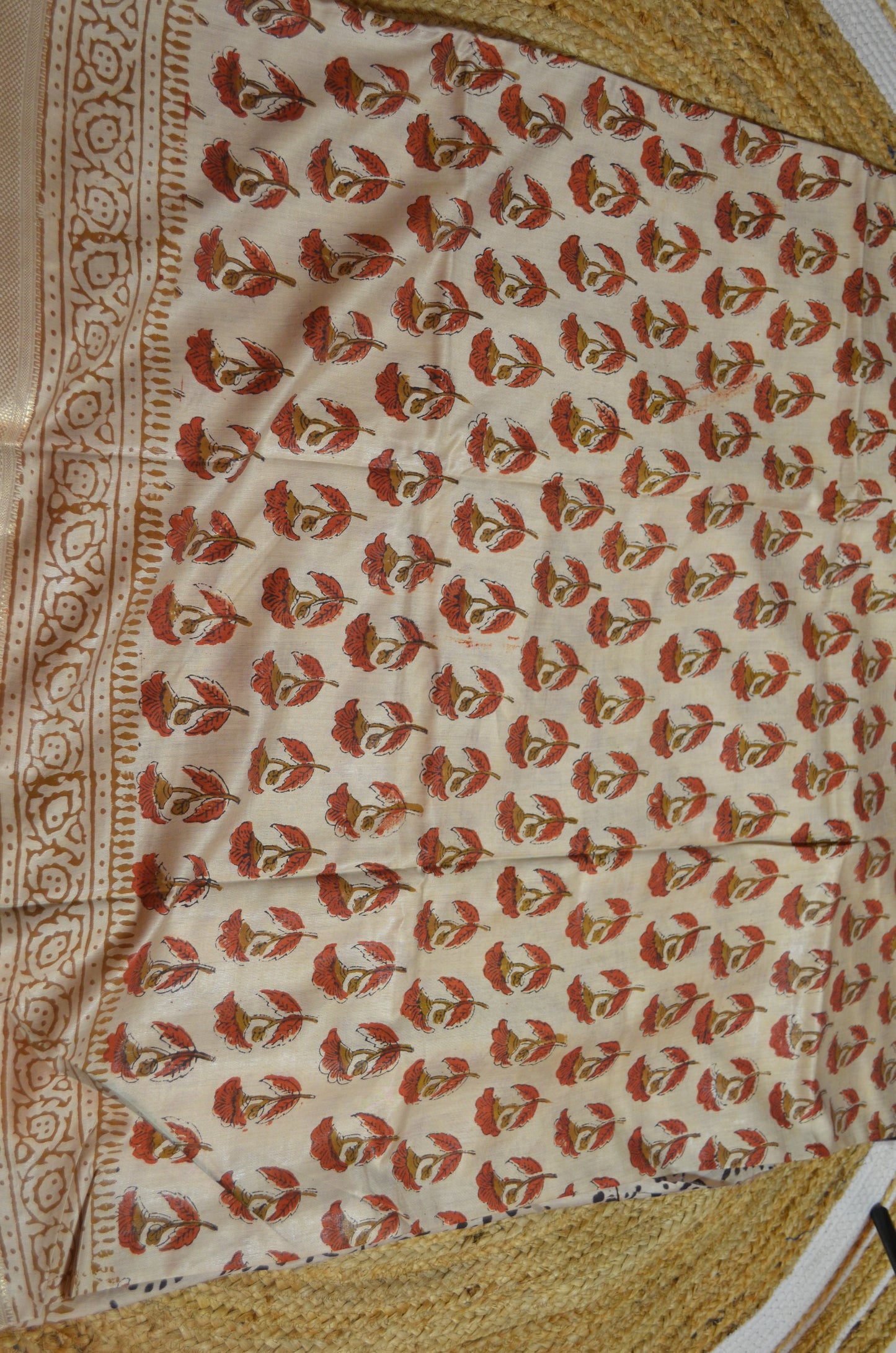 Beige Maheshwari Bagru Block Print Vegan Silk Handloom Saree