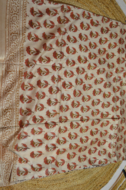 Beige Maheshwari Bagru Block Print Vegan Silk Handloom Saree