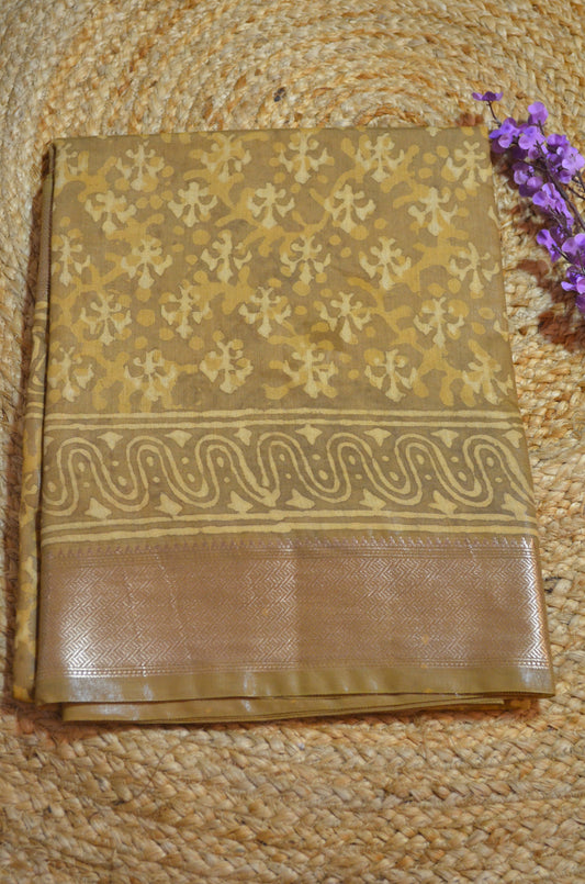 Dark Beige Maheshwari Dabu Block Print Vegan Silk Handloom Saree