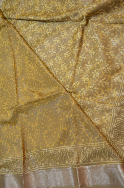 Dark Beige Maheshwari Dabu Block Print Vegan Silk Handloom Saree