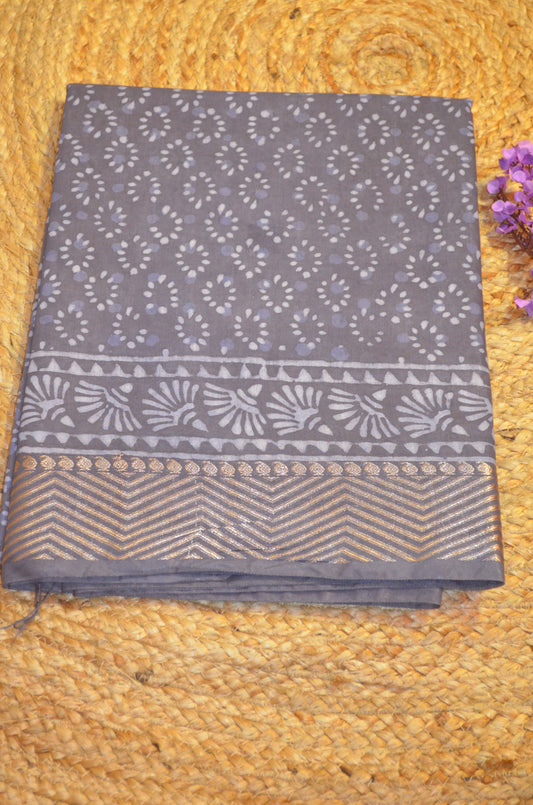 Steel Maheshwari Dabu Block Print Vegan Silk Handloom Saree