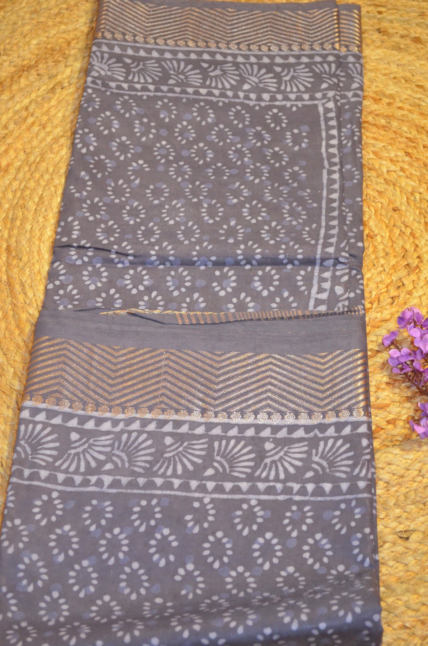 Steel Maheshwari Dabu Block Print Vegan Silk Handloom Saree