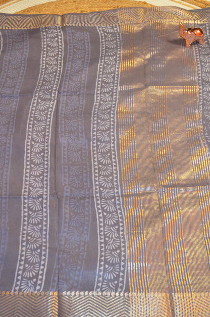 Steel Maheshwari Dabu Block Print Vegan Silk Handloom Saree