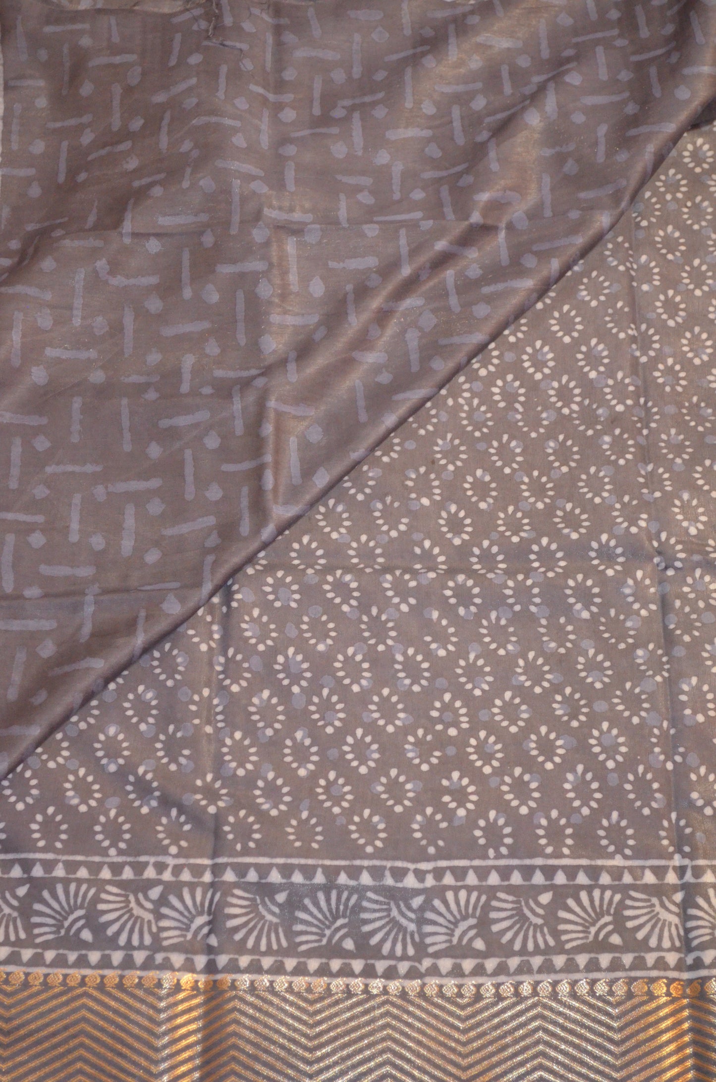 Steel Maheshwari Dabu Block Print Vegan Silk Handloom Saree