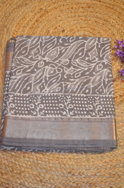 Grey Brown Maheshwari Dabu Block Print Vegan Silk Handloom Saree