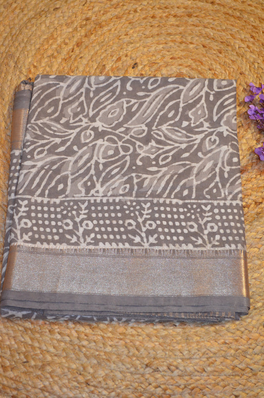 Grey Brown Maheshwari Dabu Block Print Vegan Silk Handloom Saree