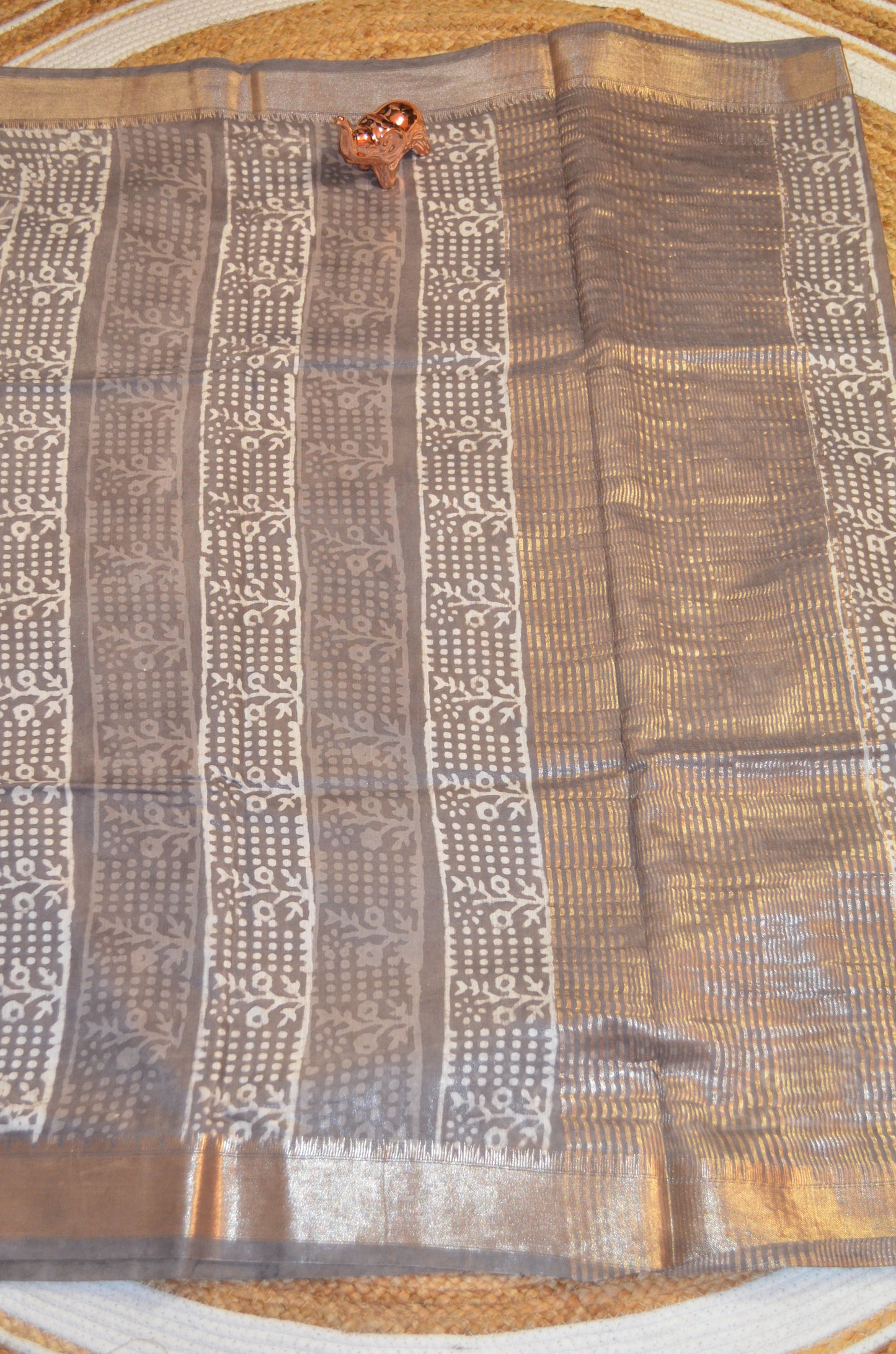Grey Brown Maheshwari Dabu Block Print Vegan Silk Handloom Saree
