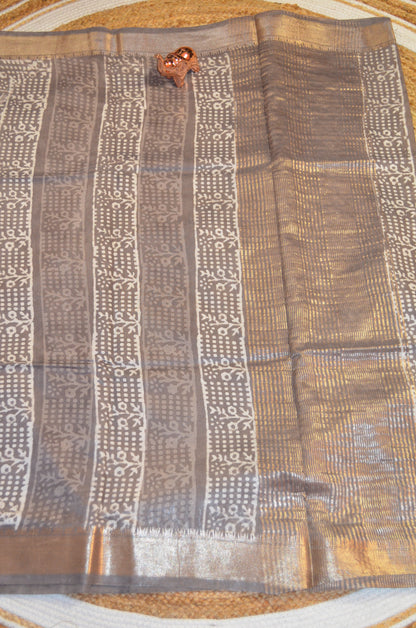 Grey Brown Maheshwari Dabu Block Print Vegan Silk Handloom Saree