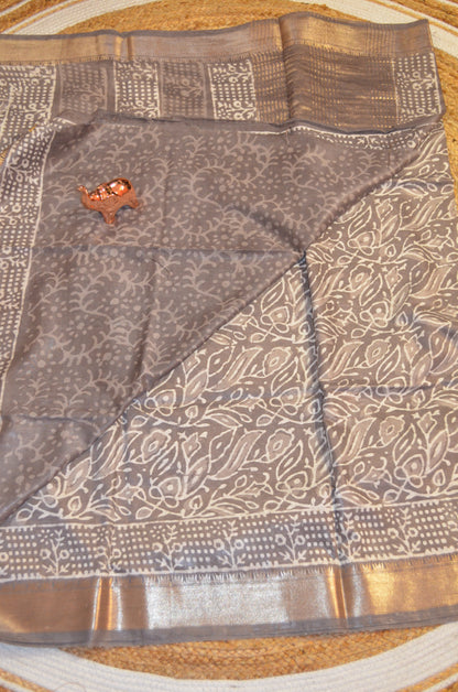 Grey Brown Maheshwari Dabu Block Print Vegan Silk Handloom Saree