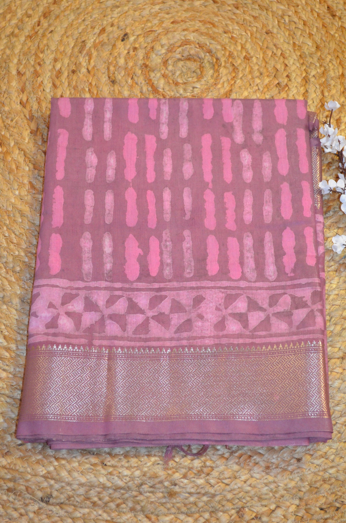 Rouge Maheshwari Dabu Block Print Vegan Silk Handloom Saree