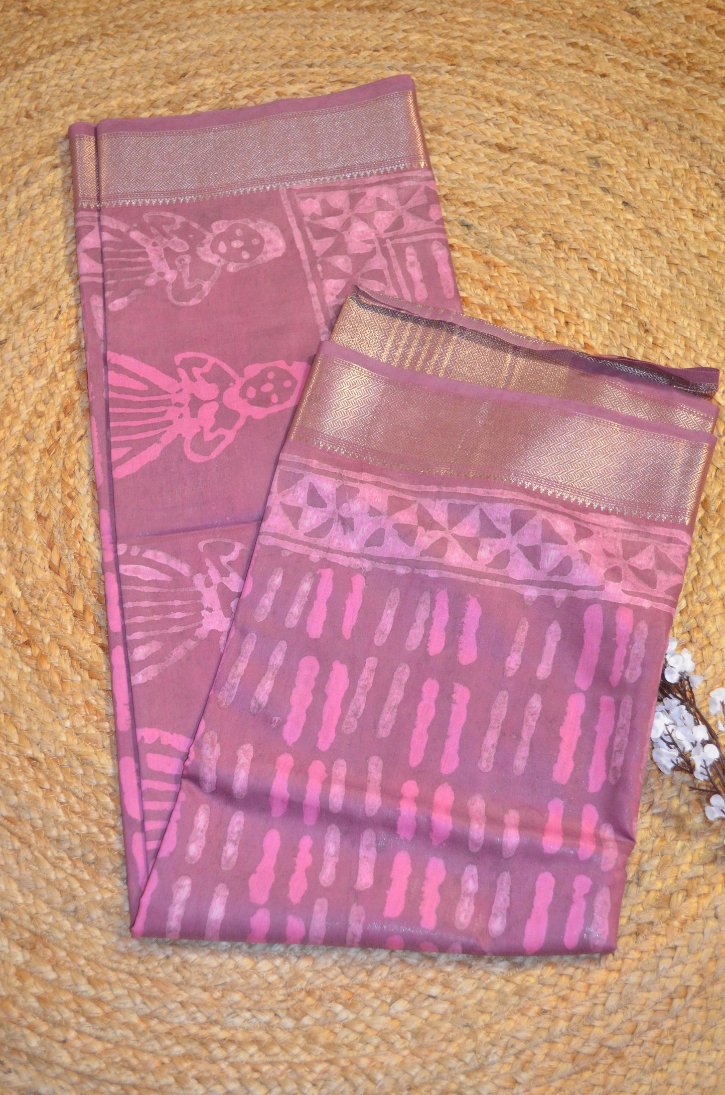 Rouge Maheshwari Dabu Block Print Vegan Silk Handloom Saree