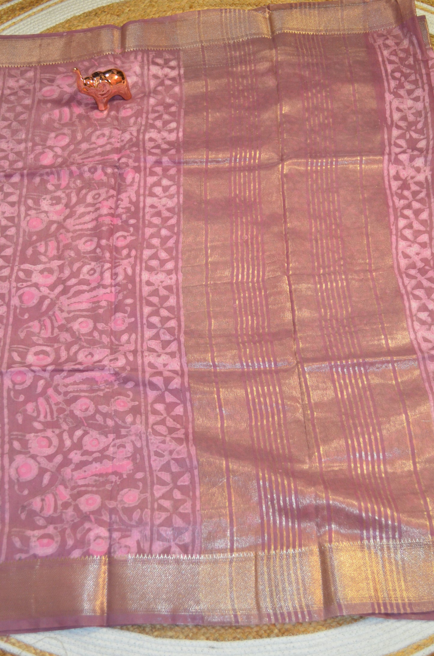 Rouge Maheshwari Dabu Block Print Vegan Silk Handloom Saree