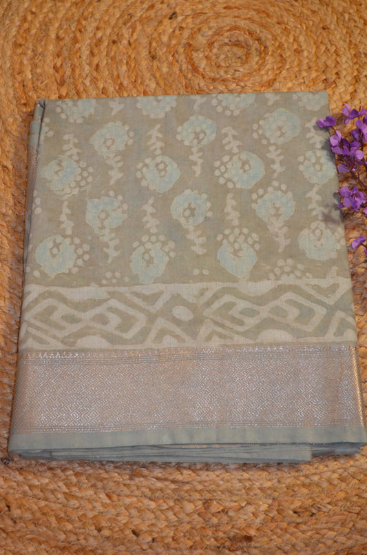 Grey Seafoam Maheshwari Dabu Block Print Vegan Silk Handloom Saree
