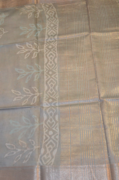 Grey Seafoam Maheshwari Dabu Block Print Vegan Silk Handloom Saree