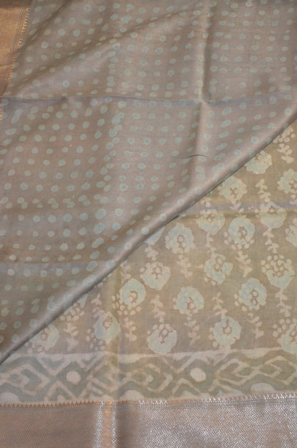 Grey Seafoam Maheshwari Dabu Block Print Vegan Silk Handloom Saree