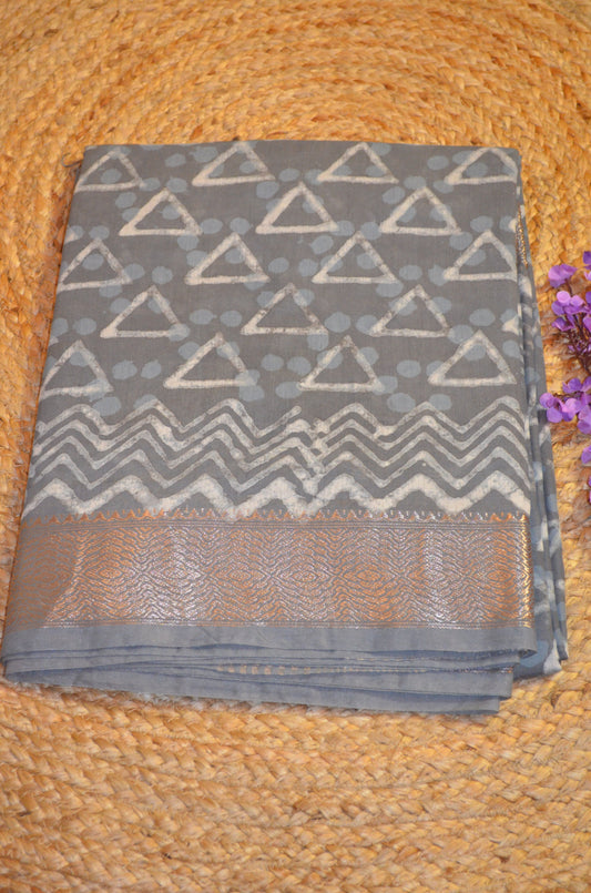 Steel Maheshwari Dabu Block Print Vegan Silk Handloom Saree