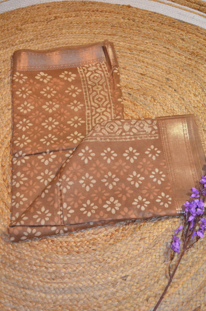 Chocolate Maheshwari Dabu Block Print Vegan Silk Handloom Saree