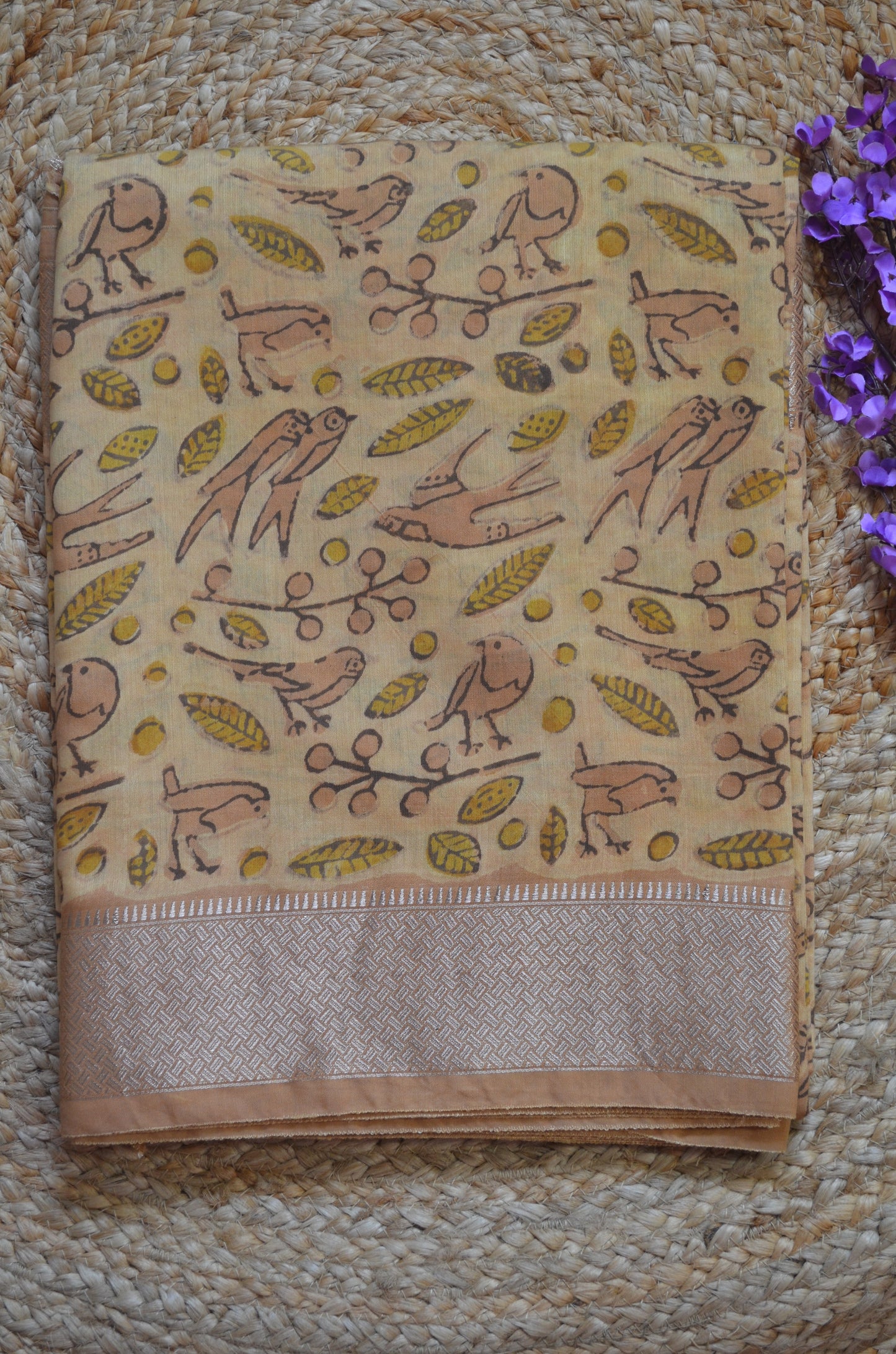 Beige Multani Block Print Vegan Silk Handloom Saree