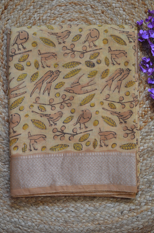 Beige Multani Block Print Vegan Silk Handloom Saree