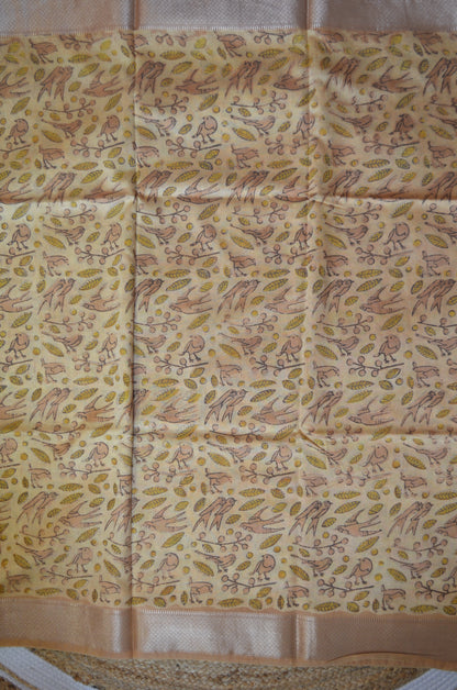 Beige Multani Block Print Vegan Silk Handloom Saree
