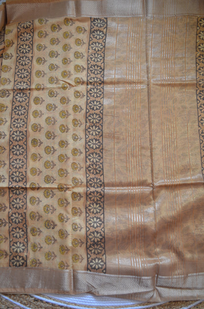 Beige Multani Block Print Vegan Silk Handloom Saree