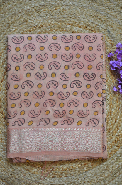 Peach Multani Block Print Vegan Silk Handloom Saree