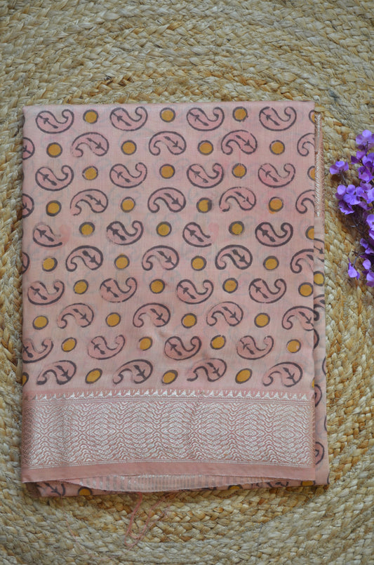 Peach Multani Block Print Vegan Silk Handloom Saree