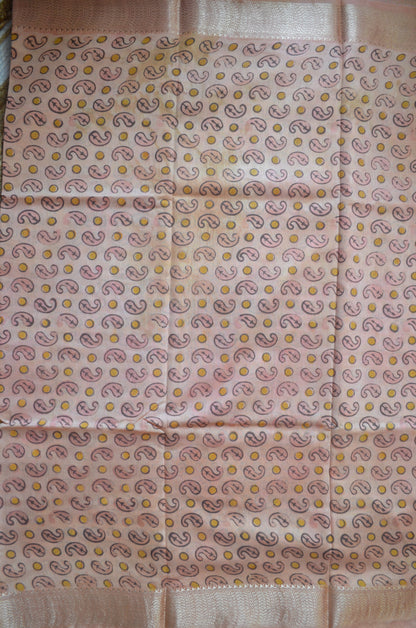 Peach Multani Block Print Vegan Silk Handloom Saree