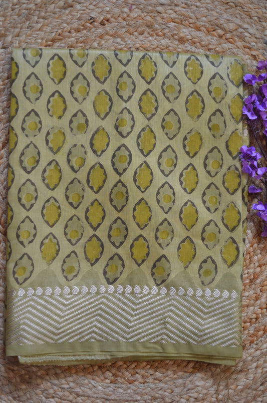 Olive Multani Block Print Vegan Silk Handloom Saree