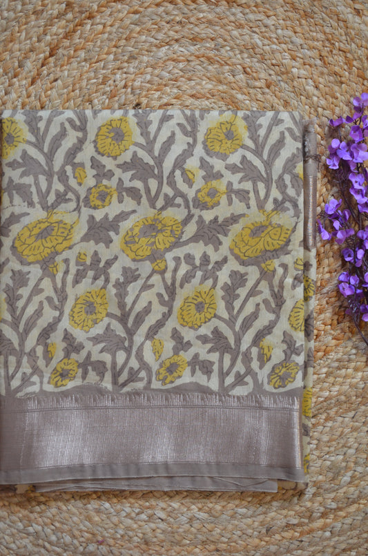 Beige Multani Block Print Vegan Silk Handloom Saree