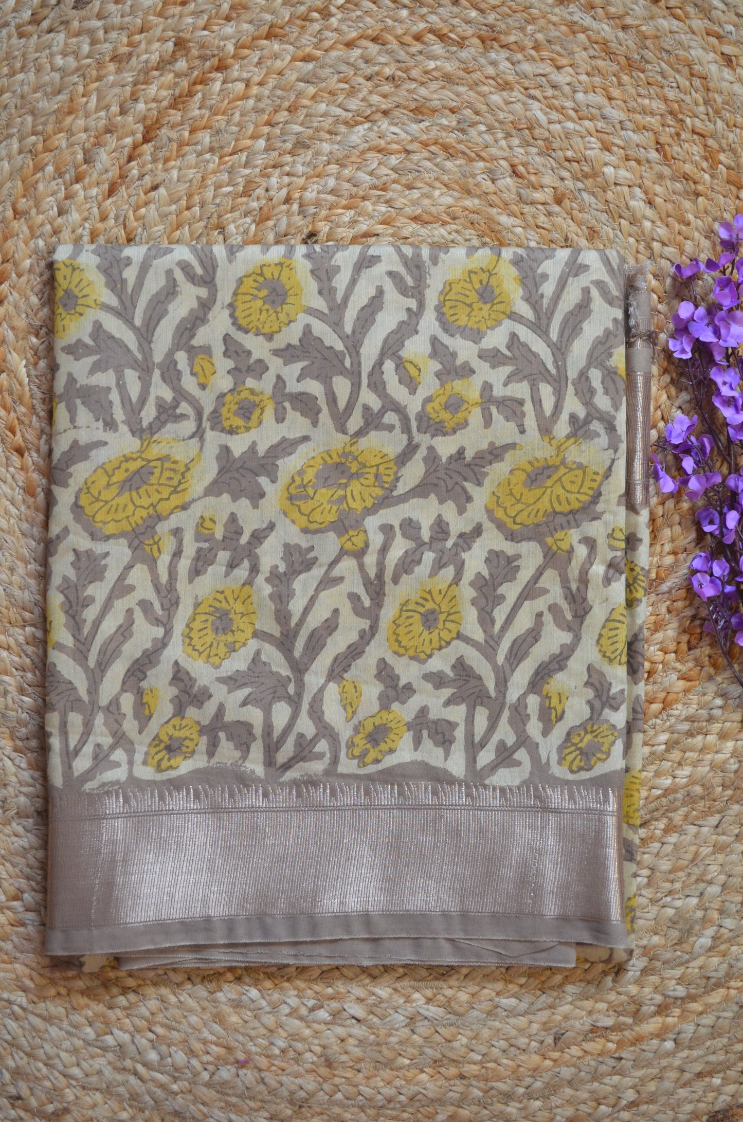 Beige Multani Block Print Vegan Silk Handloom Saree