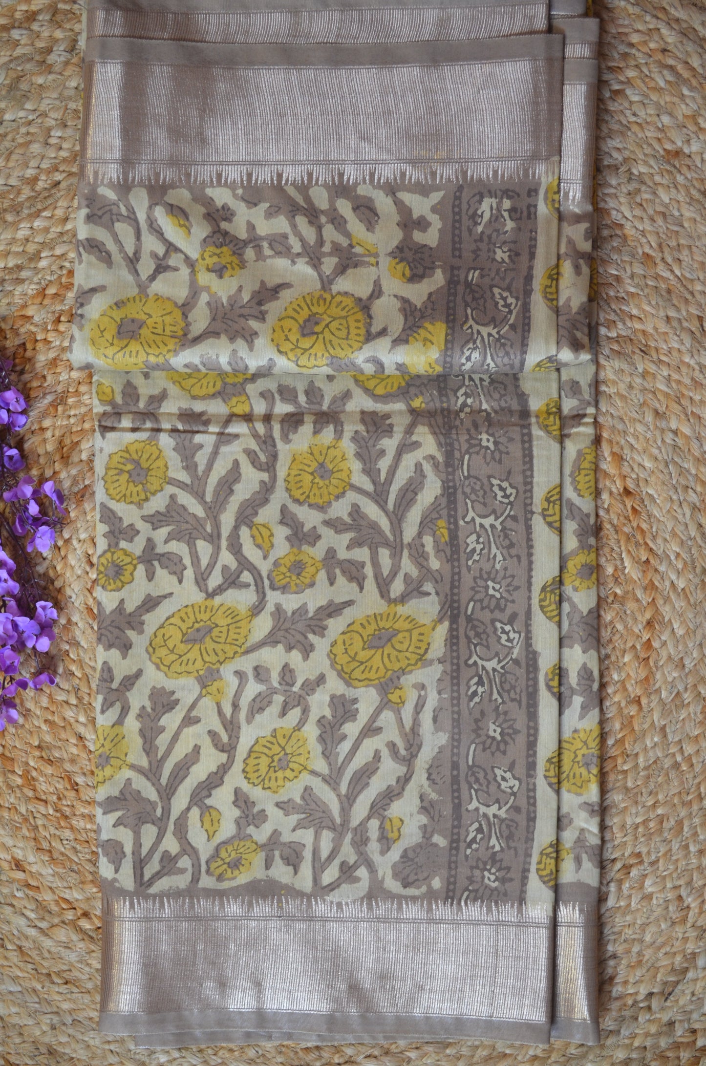 Beige Multani Block Print Vegan Silk Handloom Saree
