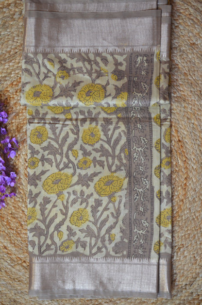 Beige Multani Block Print Vegan Silk Handloom Saree