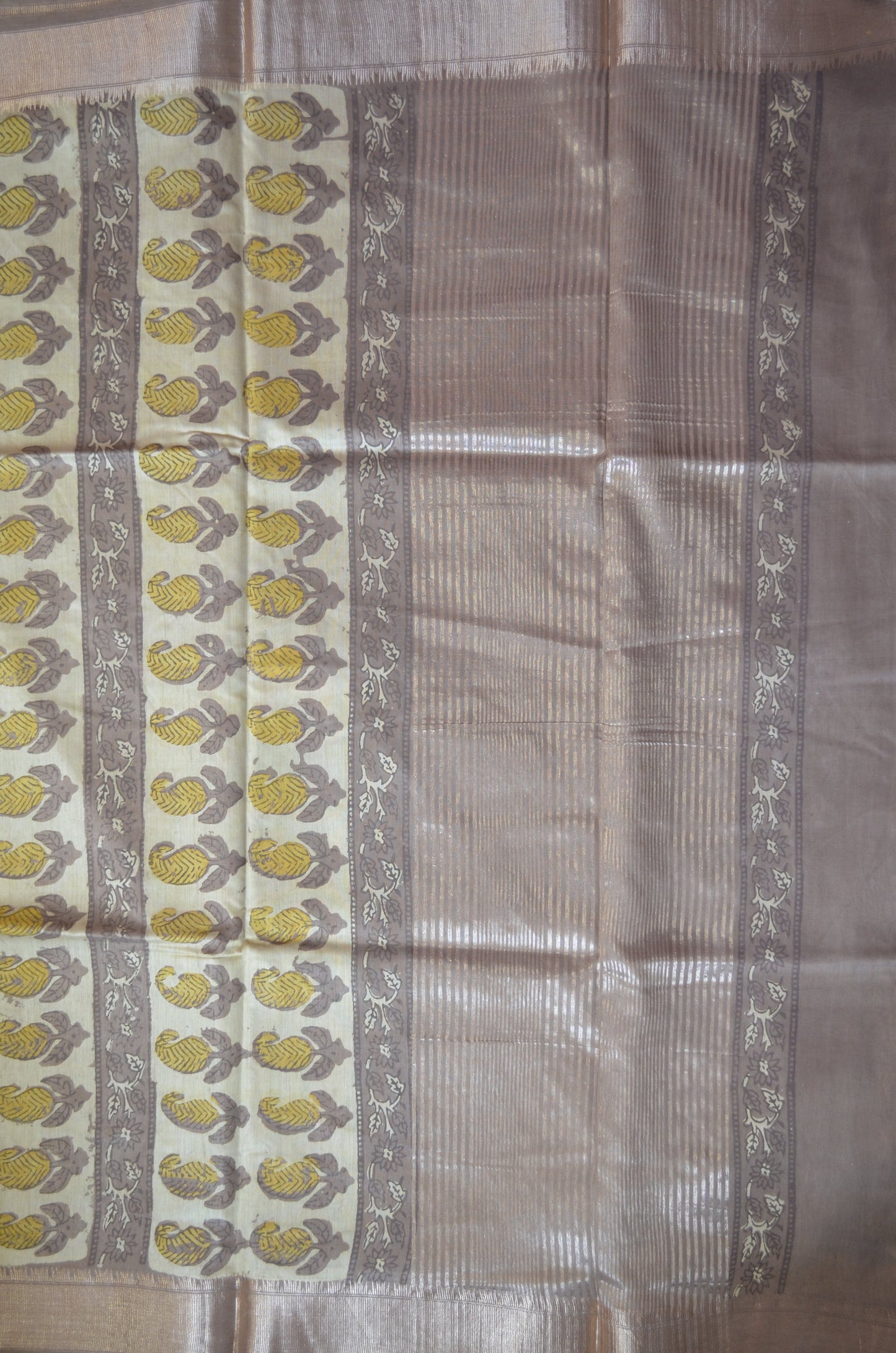 Beige Multani Block Print Vegan Silk Handloom Saree