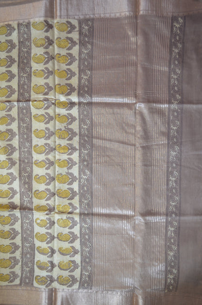 Beige Multani Block Print Vegan Silk Handloom Saree