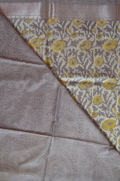 Beige Multani Block Print Vegan Silk Handloom Saree