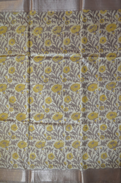 Beige Multani Block Print Vegan Silk Handloom Saree