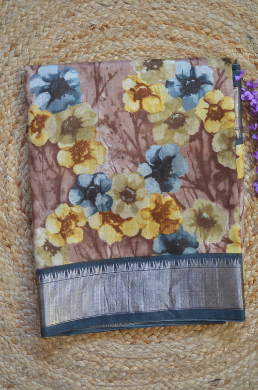 Dark Teal Block Screen Print Vegan Silk Handloom Saree