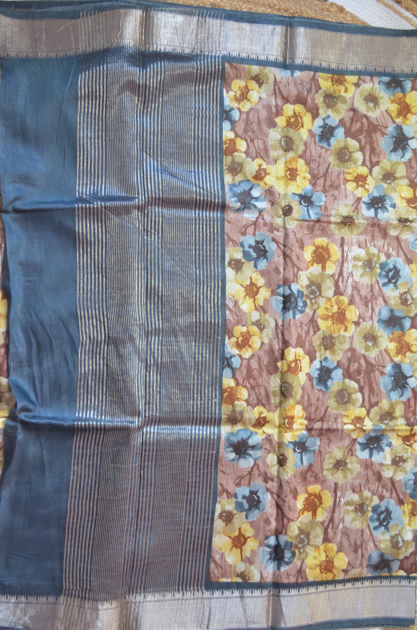 Dark Teal Block Screen Print Vegan Silk Handloom Saree