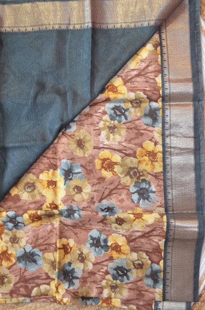 Dark Teal Block Screen Print Vegan Silk Handloom Saree