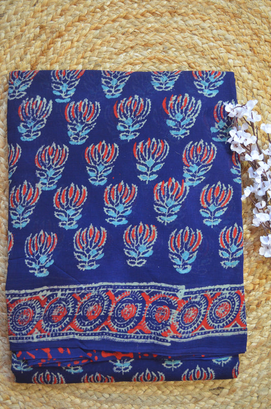 Navy Chiffon Bagru Print Vegan Silk Handloom Saree