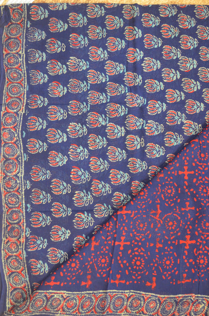 Navy Chiffon Bagru Print Vegan Silk Handloom Saree