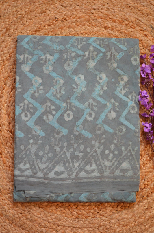 Slate Blue Chiffon Bagru Print Vegan Silk Handloom Saree