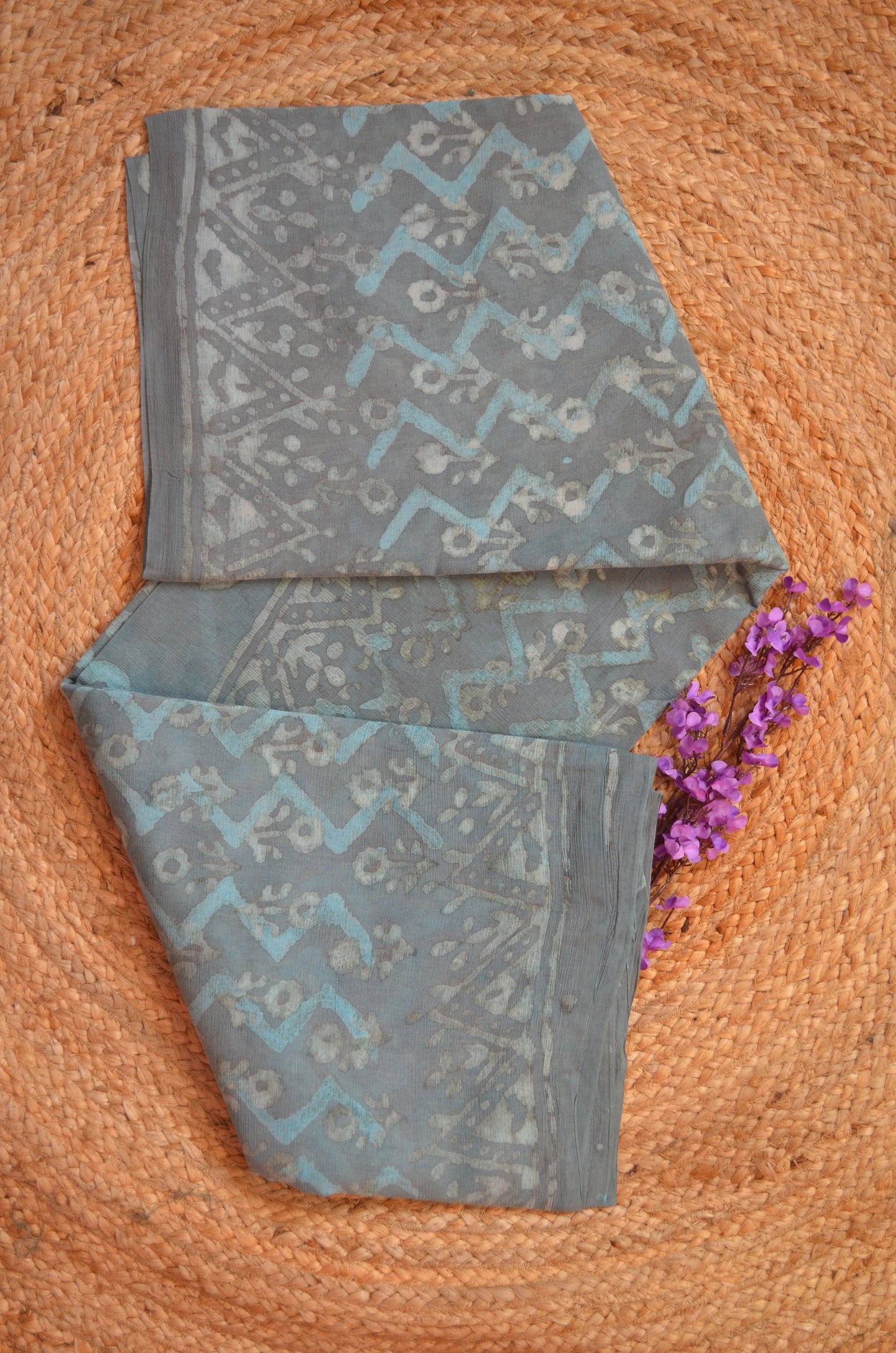 Slate Blue Chiffon Bagru Print Vegan Silk Handloom Saree