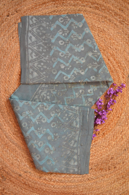Slate Blue Chiffon Bagru Print Vegan Silk Handloom Saree