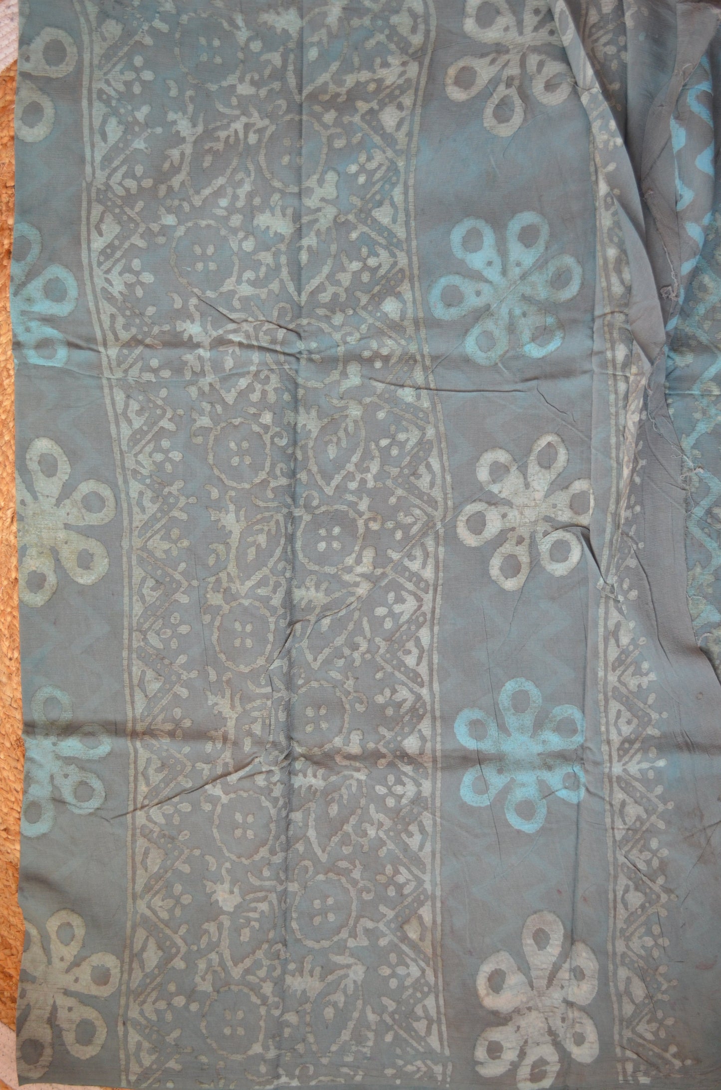 Slate Blue Chiffon Bagru Print Vegan Silk Handloom Saree