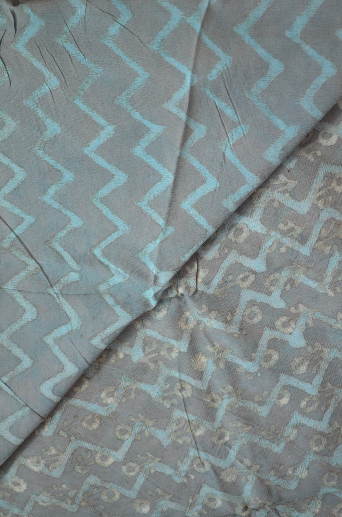 Slate Blue Chiffon Bagru Print Vegan Silk Handloom Saree