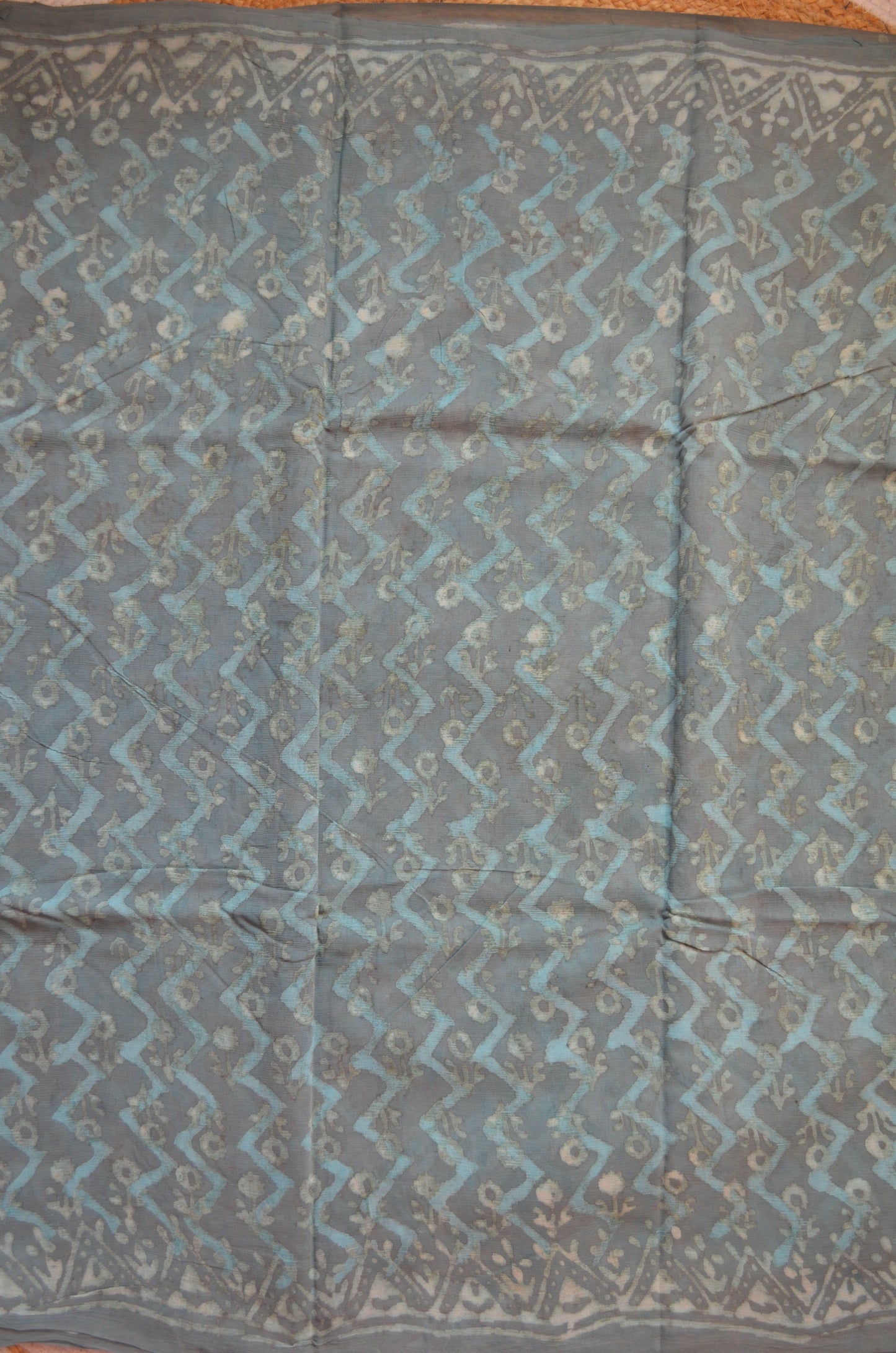 Slate Blue Chiffon Bagru Print Vegan Silk Handloom Saree