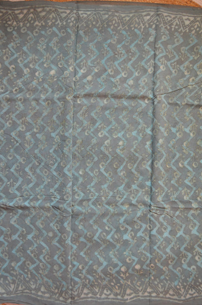 Slate Blue Chiffon Bagru Print Vegan Silk Handloom Saree