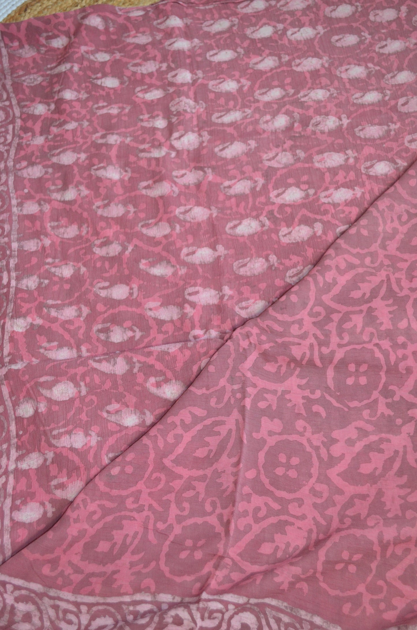 Rouge Chiffon Bagru Print Vegan Silk Handloom Saree